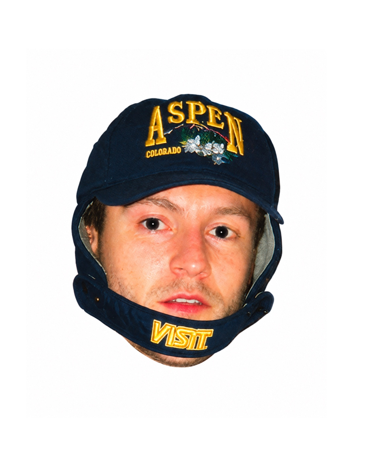 VISIT Aspen navy winter cap worn with ear flaps and chin strap